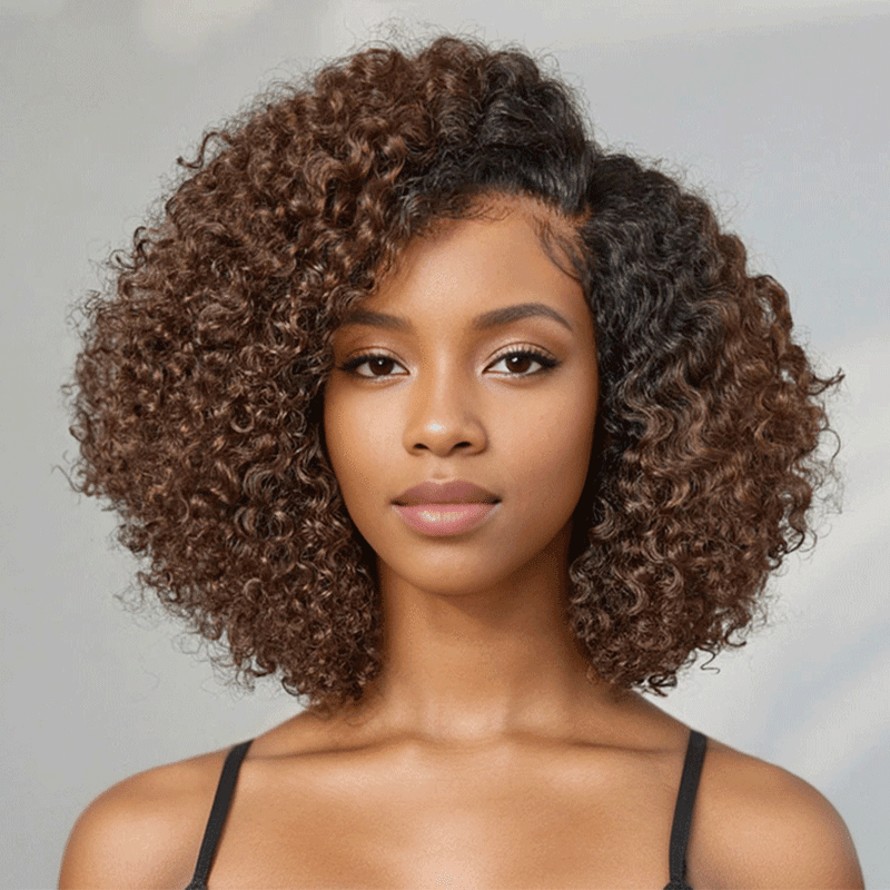 9x6 Glueless Touffu Kinky Curly Brun chocolat Bob Bouclée Perruque Sans Colle 