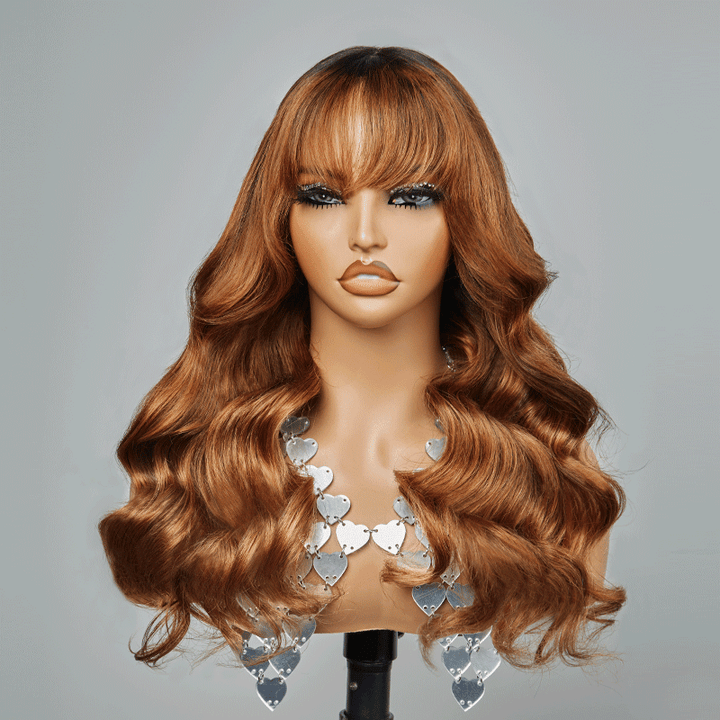 3x1 Dentelle Brun Caramel Orangé Couleur Perruque Avec Frange Body Wave 