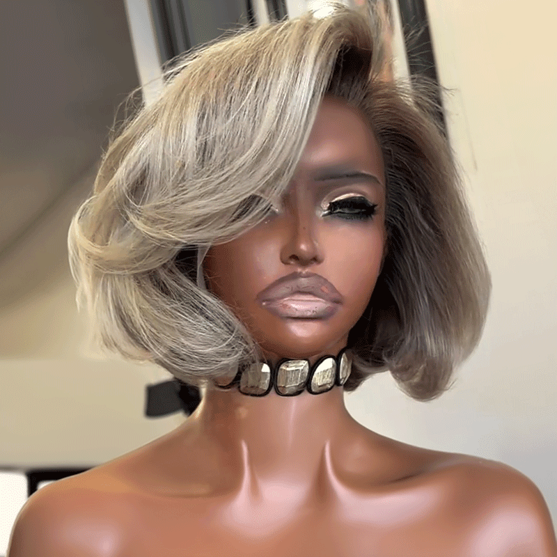 Flash sale 13x4 Glueless Gris Argenté/Blonde Métissée Noire Bob Perruque Sans Colle (Derniers 2)