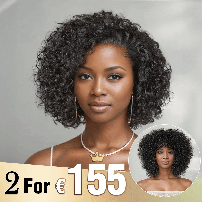 2 𝑭𝑶𝑹 €155.88🔥8"Glueless Courte Bouclée Bob+10"Glueless Bouclée Avec Franges Bob Perruque Sans Colle