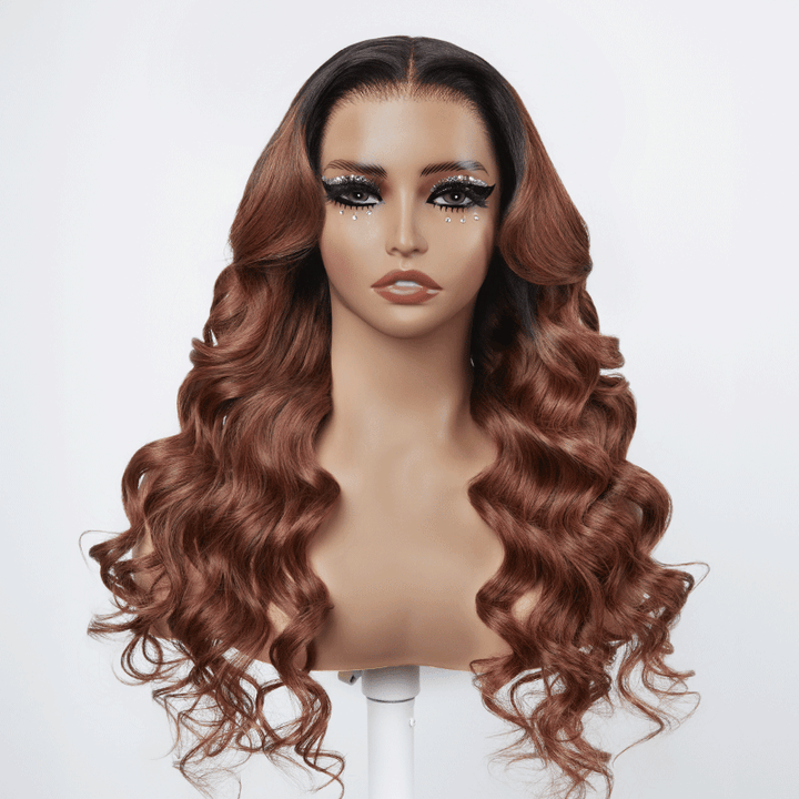 13x4 Glueless Couleur Marron Chocolaté Noir Mélangé Perruque Sans Colle Body Wave Deux Styles 