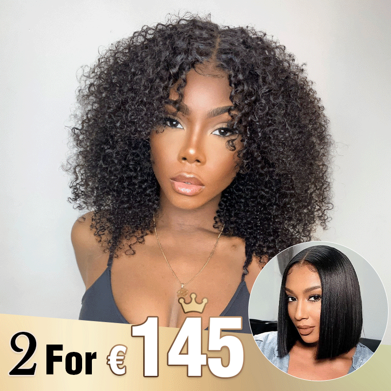 2 𝑭𝑶𝑹 €145.88🔥12"Glueless Bob 4×4 Noir Kinky Curly+8"Coupe Émousseée Soyeux Lisse 2x6 Perruque Dentelle