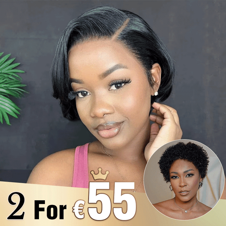 2 𝑭𝑶𝑹 €55🔥Coupe Pixie 13x4 Dentelle Lisse Perruque+Glueless Easy-Wear Chic Sans Effort Laine Bouclée 