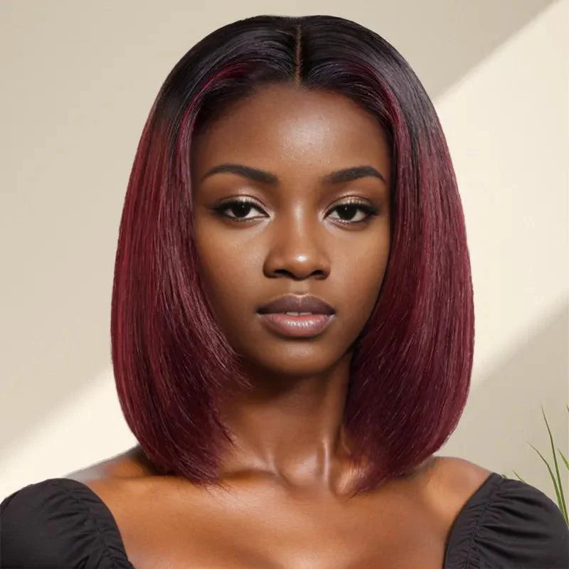 🔥𝟕𝟏% 𝐎𝐅𝐅 13x4 Glueless Couche Rouge Foncé Coupe Émoussée Bob Perruque Sans Colle Lisse