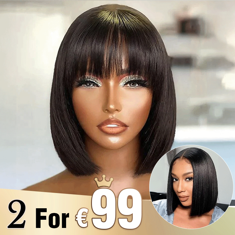 2 𝑭𝑶𝑹 €99🔥8"Lisse Avec Frange Bob+8"Coupe Émoussée Soyeux Lisse 2x6 Dentelle Perruque